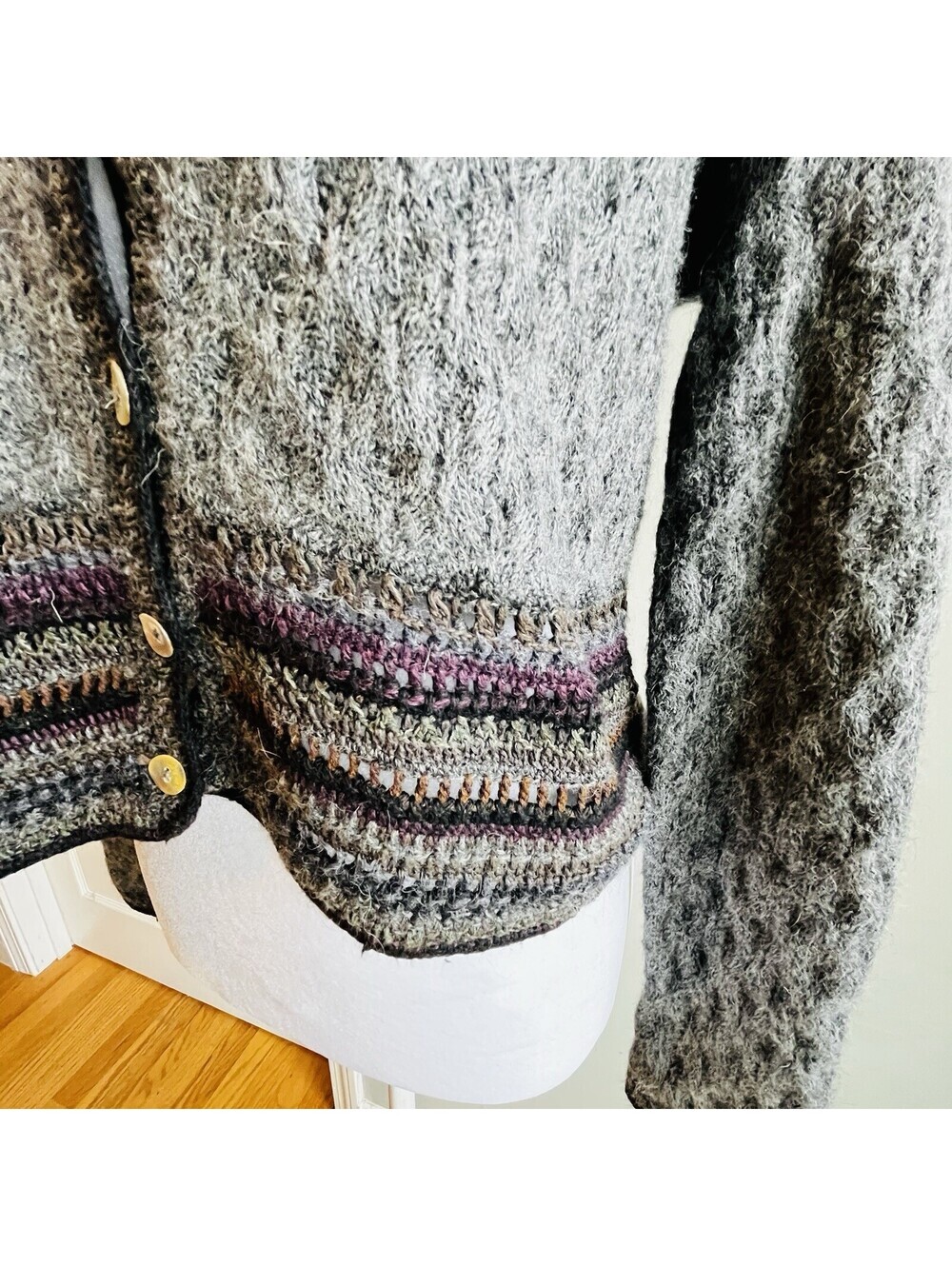 Peruvian Connection Alpaca Pima Cotton Wool Cardigan Womens XS Grey Purple - Picture 8 of 11